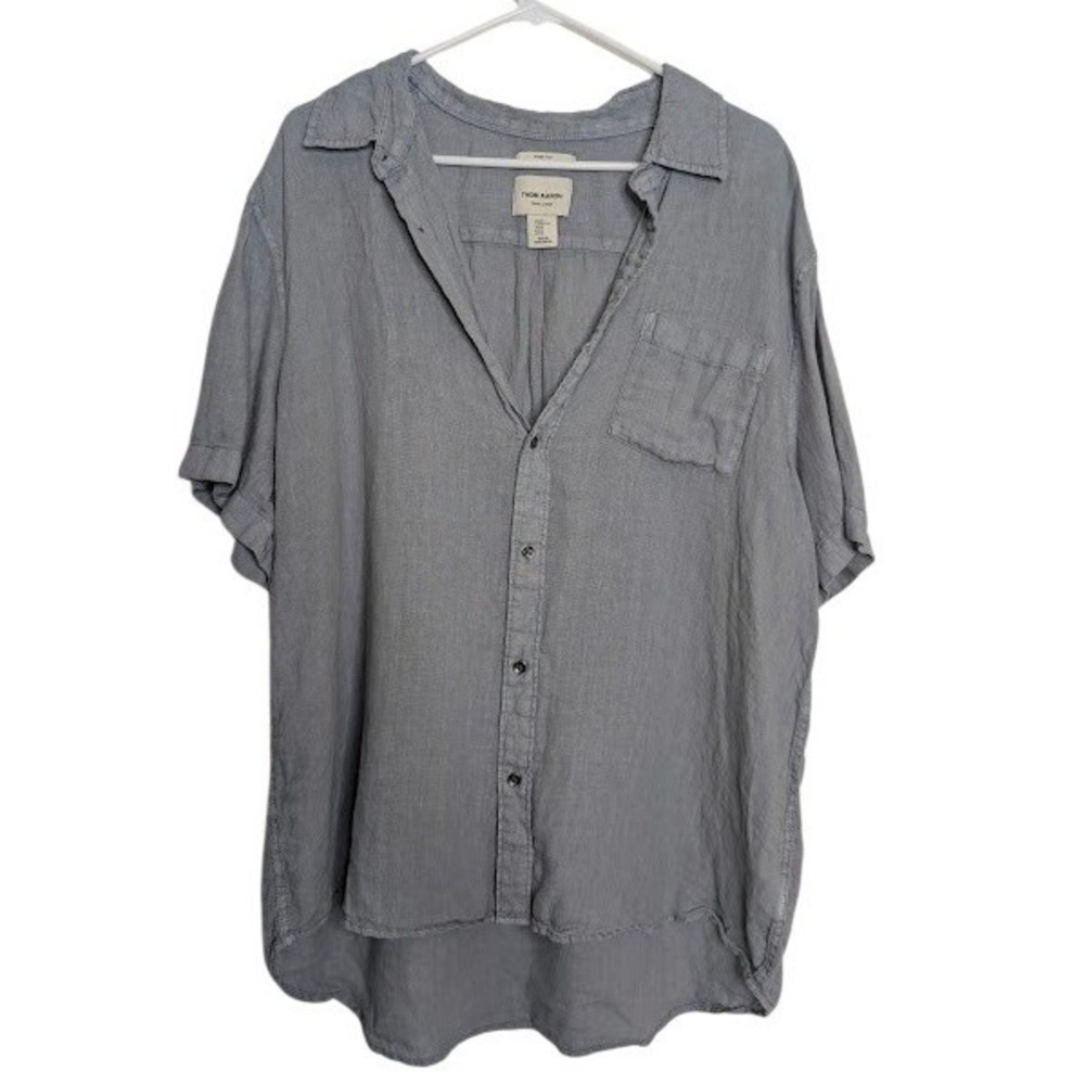 Thom Aaron Mens 100% Linen Button Down Shirt XL Blue Short Sleeve Flax Summer